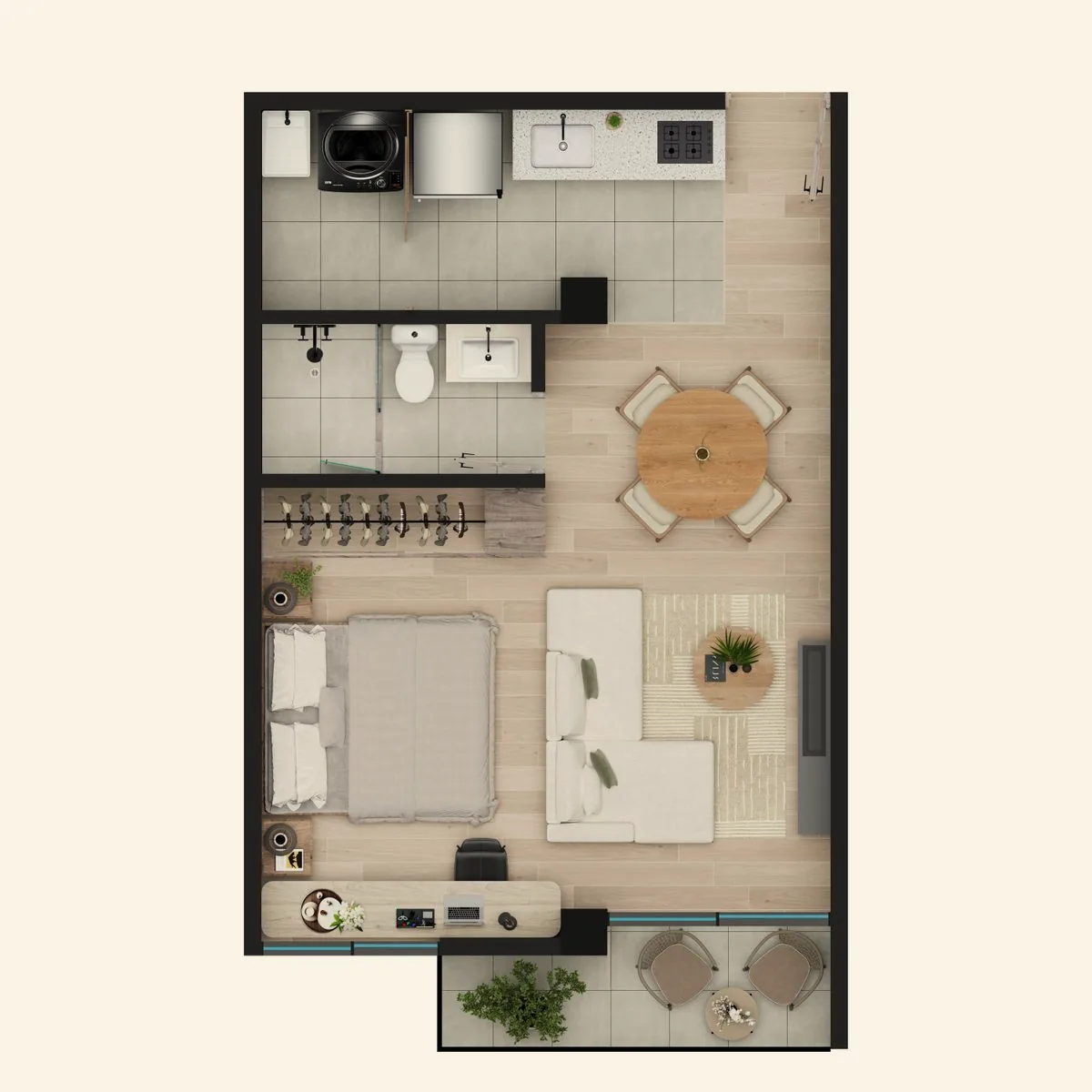 Planta amoblada del modelo 1, de 39,78 metros cuadrados, con 1 habitación.
